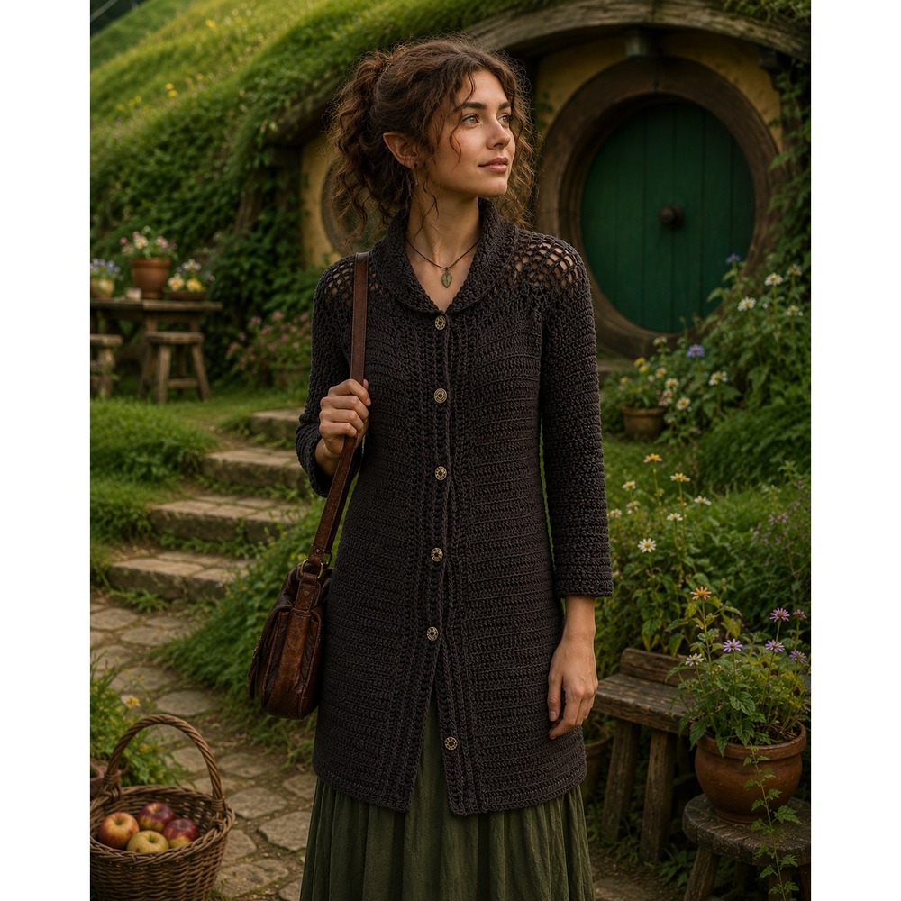 Taupe Crochet Handmade Longline Cardigan Unique Buttons  Hobbitcore Sweater Med